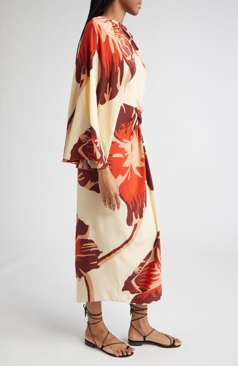 Johanna Ortiz Odyssey Floral Print Dress with Removable Cape, Alternate, color, Ecru / Wine / Red / Pink