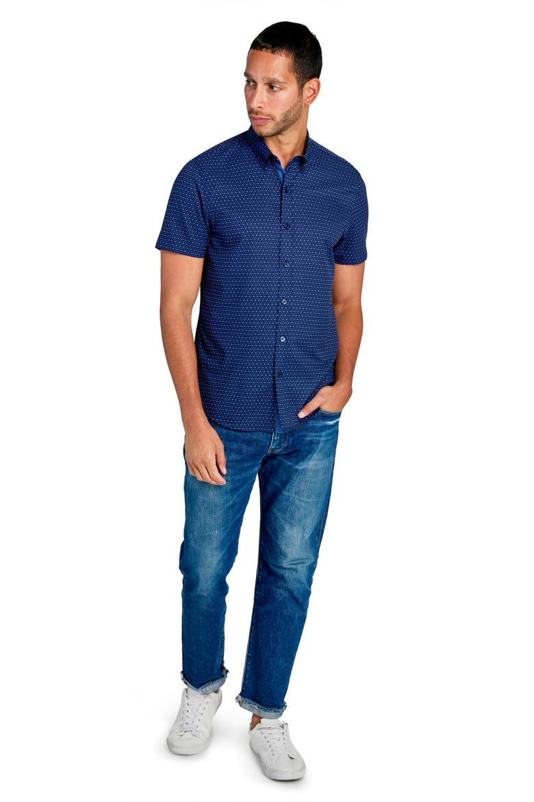 Slim Fit Microdot Short Sleeve 4-Way Stretch Performance Button-Down Shirt, Alternate, color, NAVY