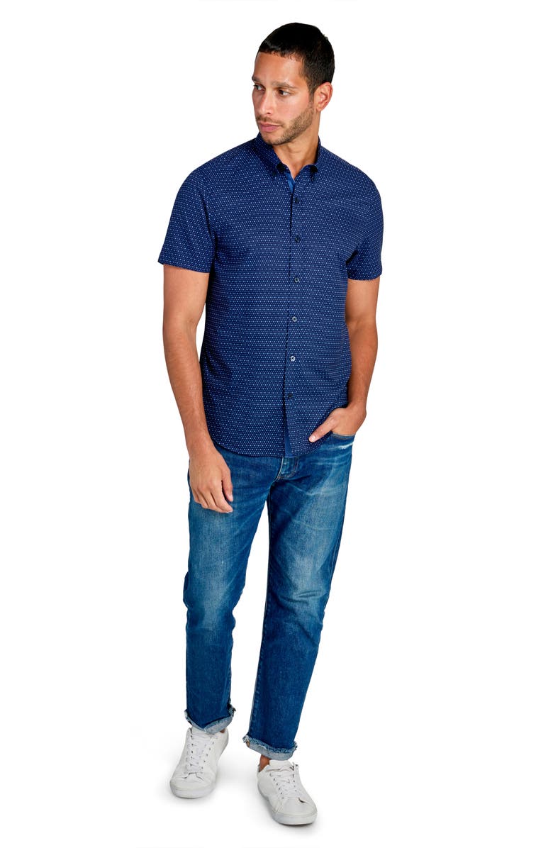 CONSTRUCT Slim Fit Microdot Short Sleeve 4-Way Stretch Performance Button-Down Shirt, Alternate, color, Navy