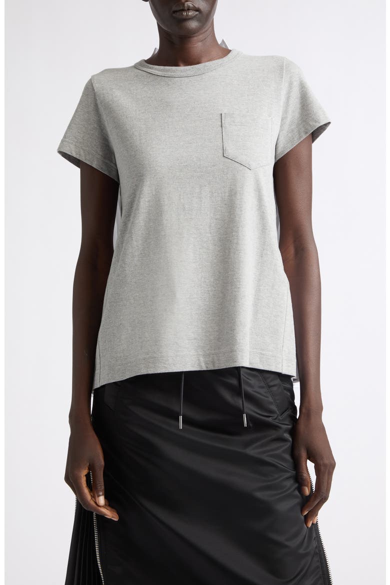 Mixed Media Pleated Poplin & Jersey Pocket T-Shirt, Main, color, LIGHT GRAY/ WHITE