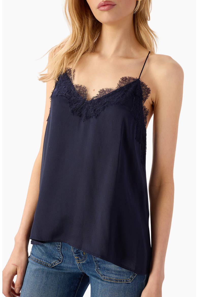 The Racer Lace Trim Silk Camisole, Main, color, NAVY