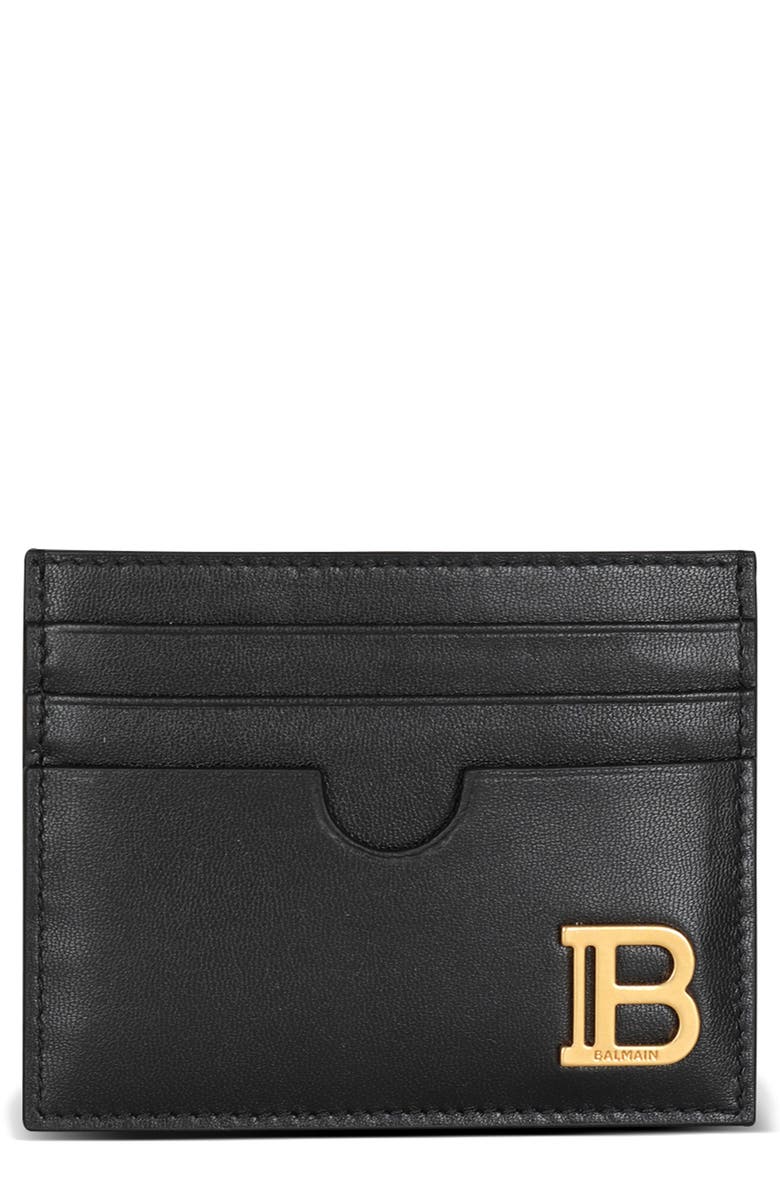 Balmain B-Buzz Calfskin Leather Card Case, Main, color,