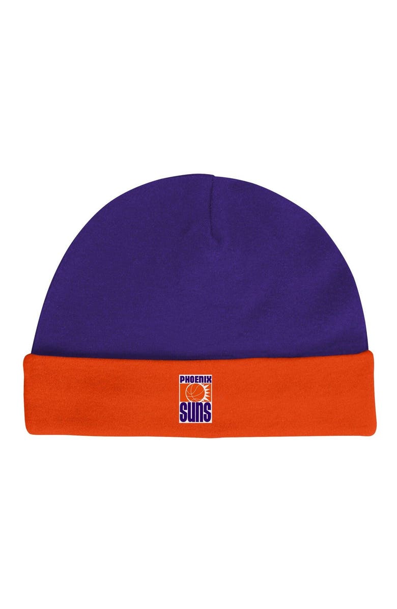 Mitchell & Ness Infant Mitchell & Ness Blue/Orange Phoenix Suns Hardwood Classics Bodysuits & Cuffed Knit Hat Set, Alternate, color, Purple