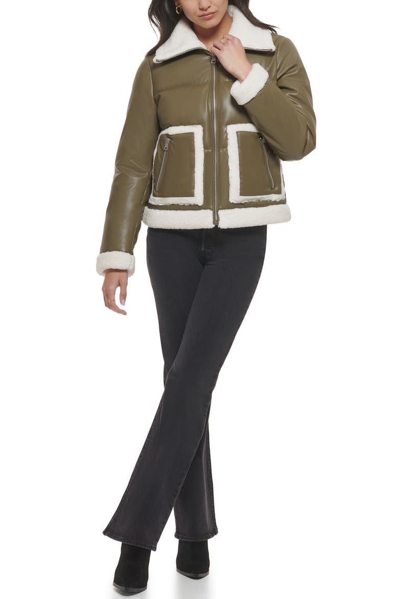 Faux Leather Puffer Jacket with Faux Shearling Trim, Alternate, color, OLIVE
