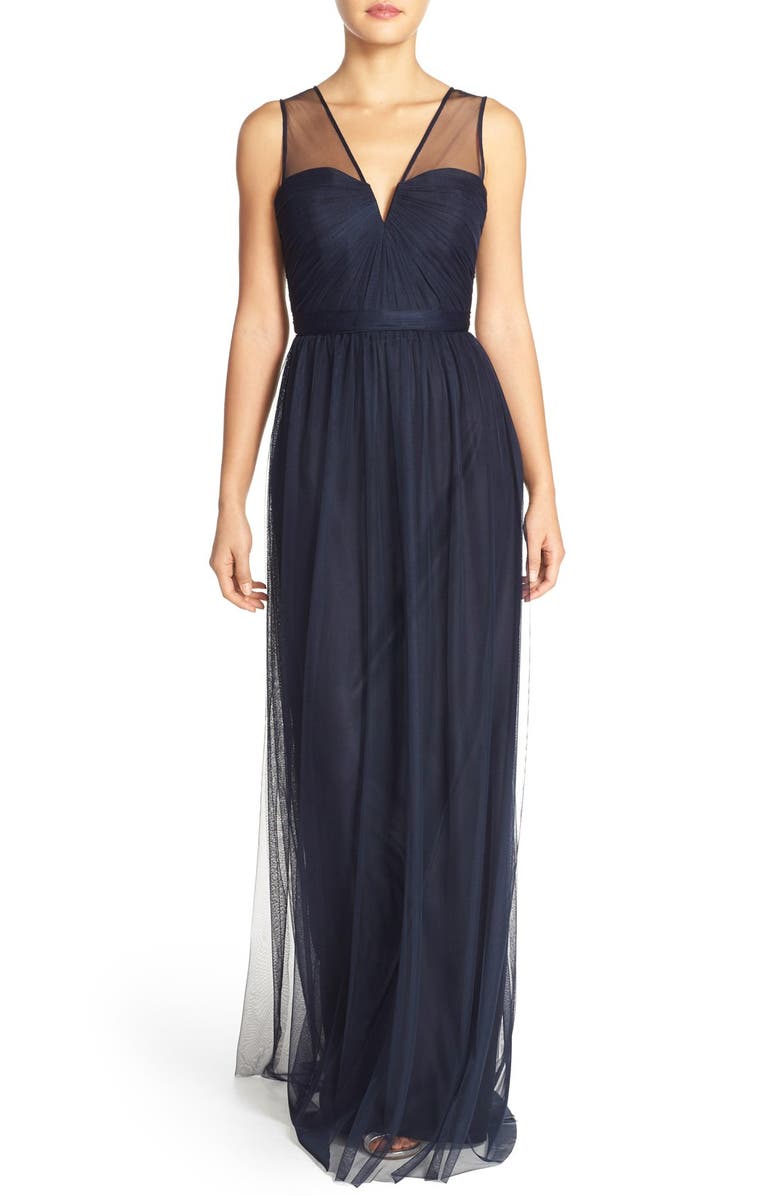 Amsale 'Alyce' Illusion V-Neck Pleat Tulle Gown, Main, color,