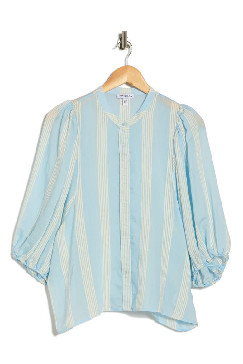 Stripe Balloon Sleeve Button-Up Shirt, Alternate, color, BLUE FLOATY- IVORY DELRAY STP