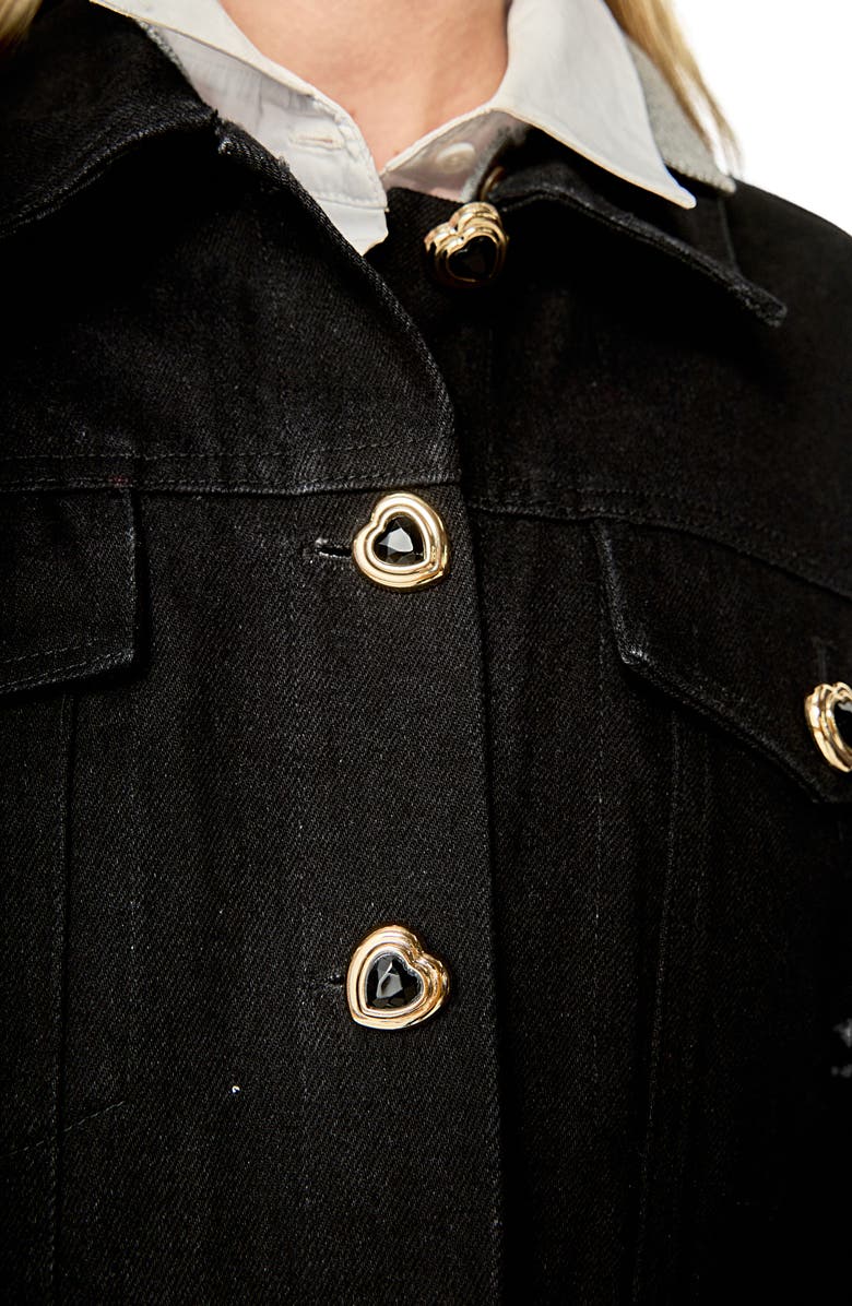 English Factory Heart Button Crop Denim Jacket, Alternate, color, Black Denim