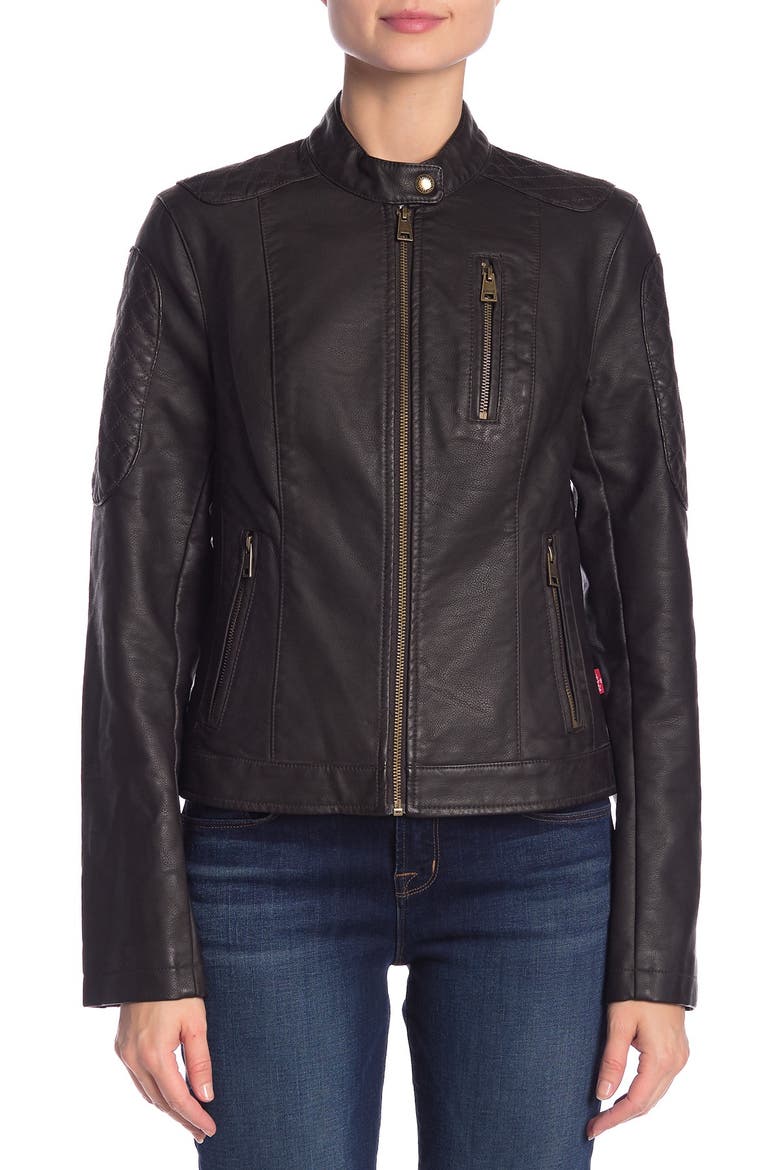 Levi's® Zip Front Water Repellent Faux Leather Moto Jacket, Alternate, color, BROWN