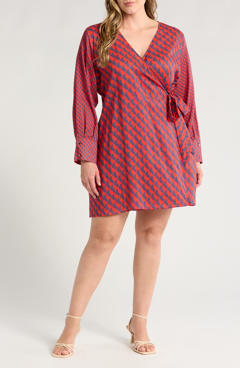HARSHMAN Althea Long Sleeve Wrap Dress, Main, color, Poppy Red/ Navy Pattern