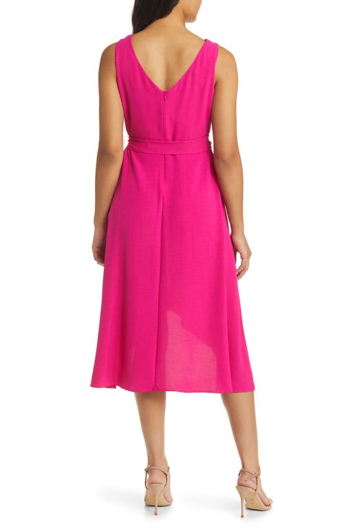 Connected Apparel Tie Belt Faux Wrap High-low Dress In Bright Fuchsia