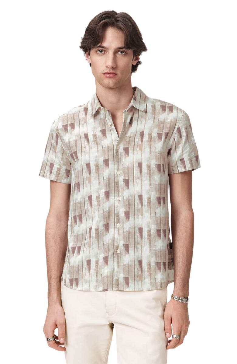 John Varvatos Sean Stripe Cotton Short Sleeve Button-Up Shirt, Alternate, color, Light Khaki