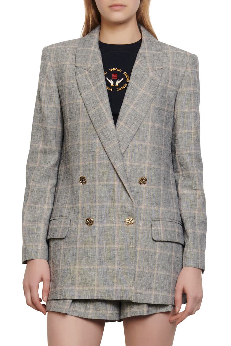 Beyane Double Breasted Plaid Blazer, Main, color, GREY / BEIGE