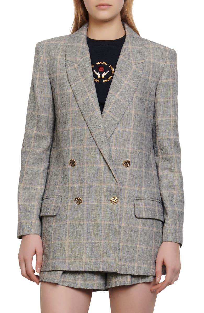 SANDRO Beyane Double Breasted Plaid Blazer, Main, color, 