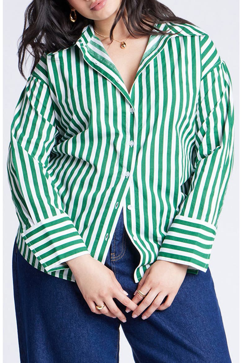 Stripe Open Tie Back Cotton Button-Up Shirt, Main, color, GREEN AND WHITE STRIPE