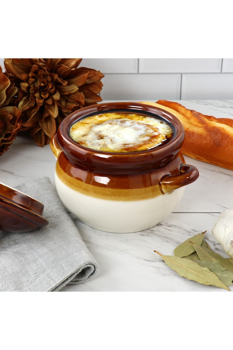 4 Piece Double Handle 15 Ounce French Onion Soup Bowl, Alternate, color, Brown