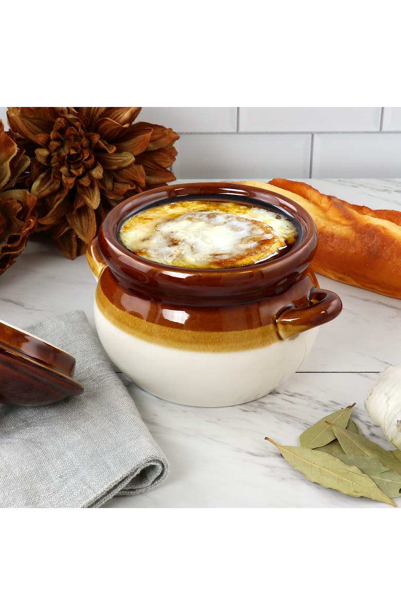 Elama 4 Piece Double Handle 15 Ounce French Onion Soup Bowl with Lid, Alternate, color, Brown