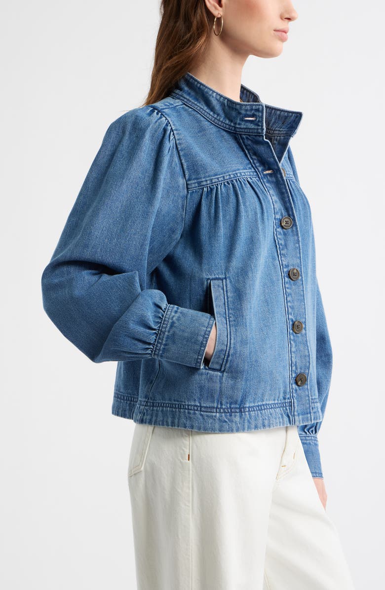 Treasure & Bond Gathered High Neck Denim Jacket, Alternate, color, Medium Wash