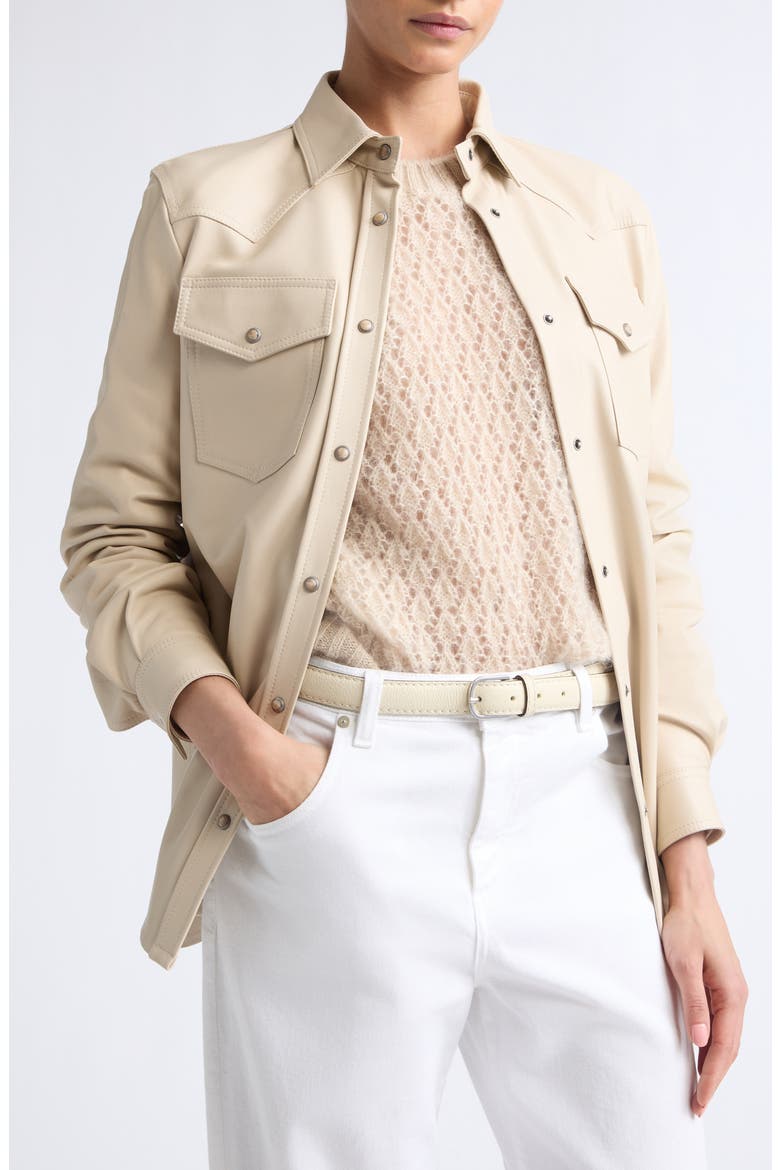 Lambskin Leather Snap Front Shirt, Alternate, color, 150 CREAM