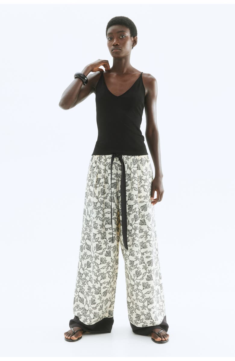 H&M Wide Tie-belt Trousers, Alternate, color, Cream/Floral