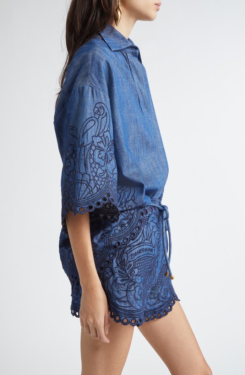 Zimmermann Coco Embroidered Chambray Shirt, Alternate, color, Railway Blue