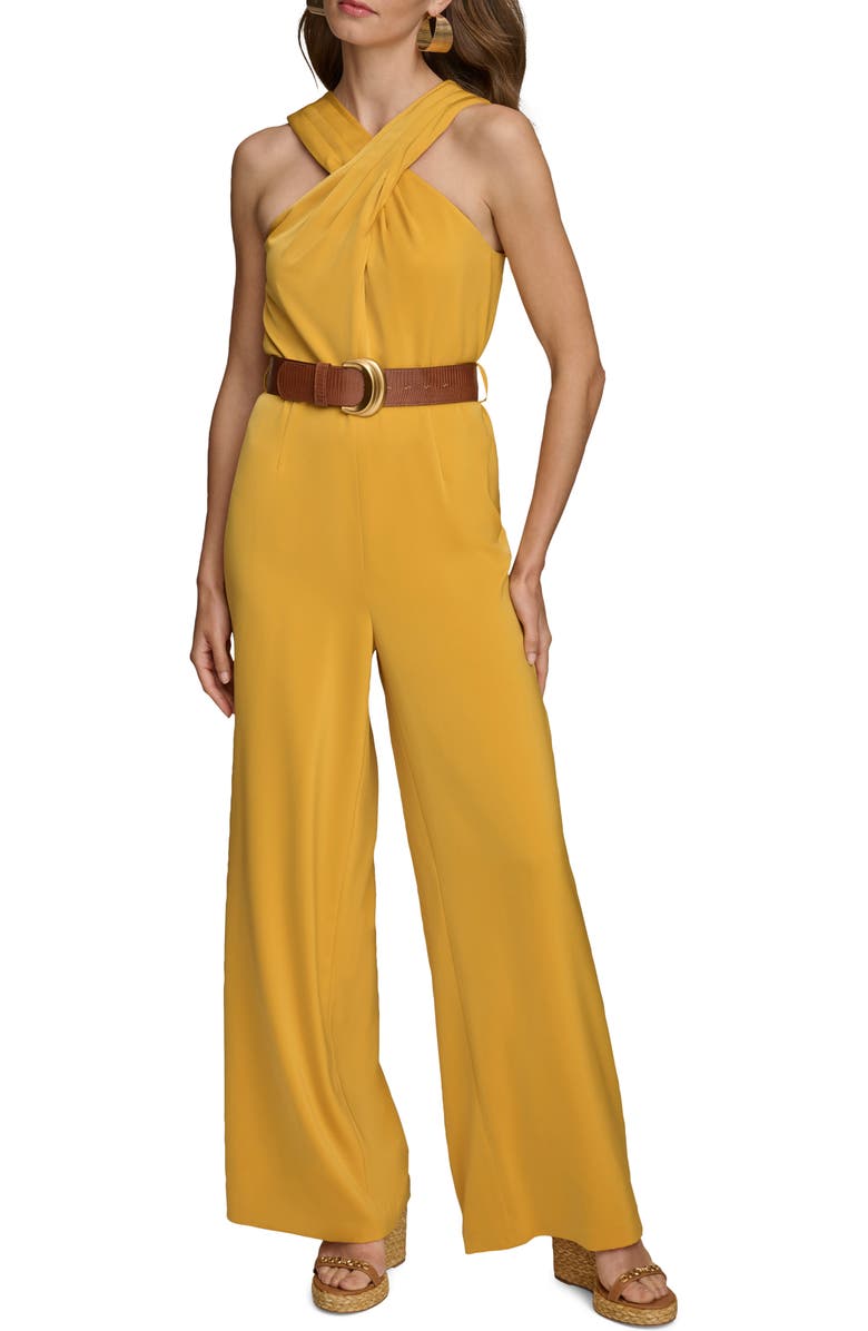 Donna Karan New York Belted Halter Wide Leg Jumpsuit, Main, color, Golden Yellow