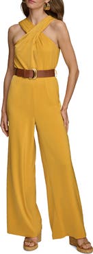 Donna Karan New York Belted Halter Wide Leg Jumpsuit