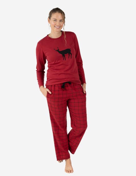 Women's Cotton Top & Flannel Pants Printed Holiday Pajama Set