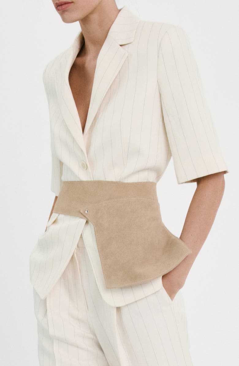 MANGO Argelia Belted Short Sleeve Blazer, Alternate, color, Ecru