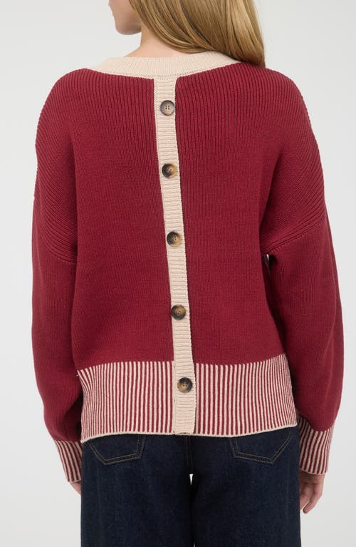Blu Pepper Contrast Trim Back Button Sweater In Burgundy