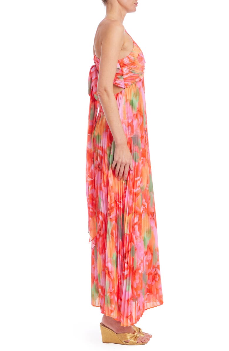Jewel Badgley Mischka Floral Pleated Open Back Gown, Alternate, color, Coral Multi