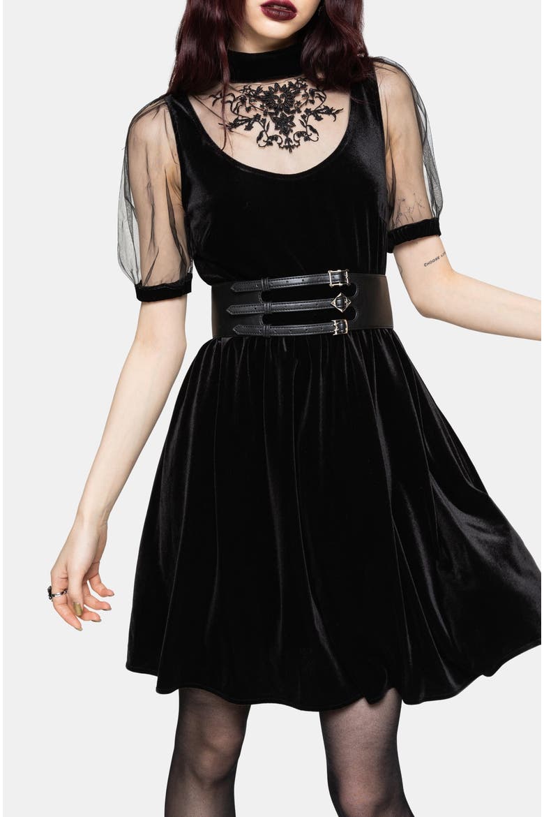 Trixie Velour Mesh Mini Dress, Main, color, Black