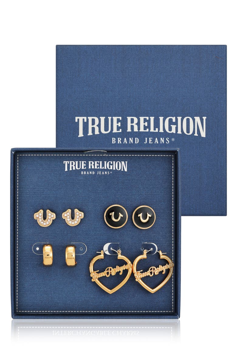 True Religion 4-Pack Assorted Stud & Hoop Earrings, Main, color, Gold Tone