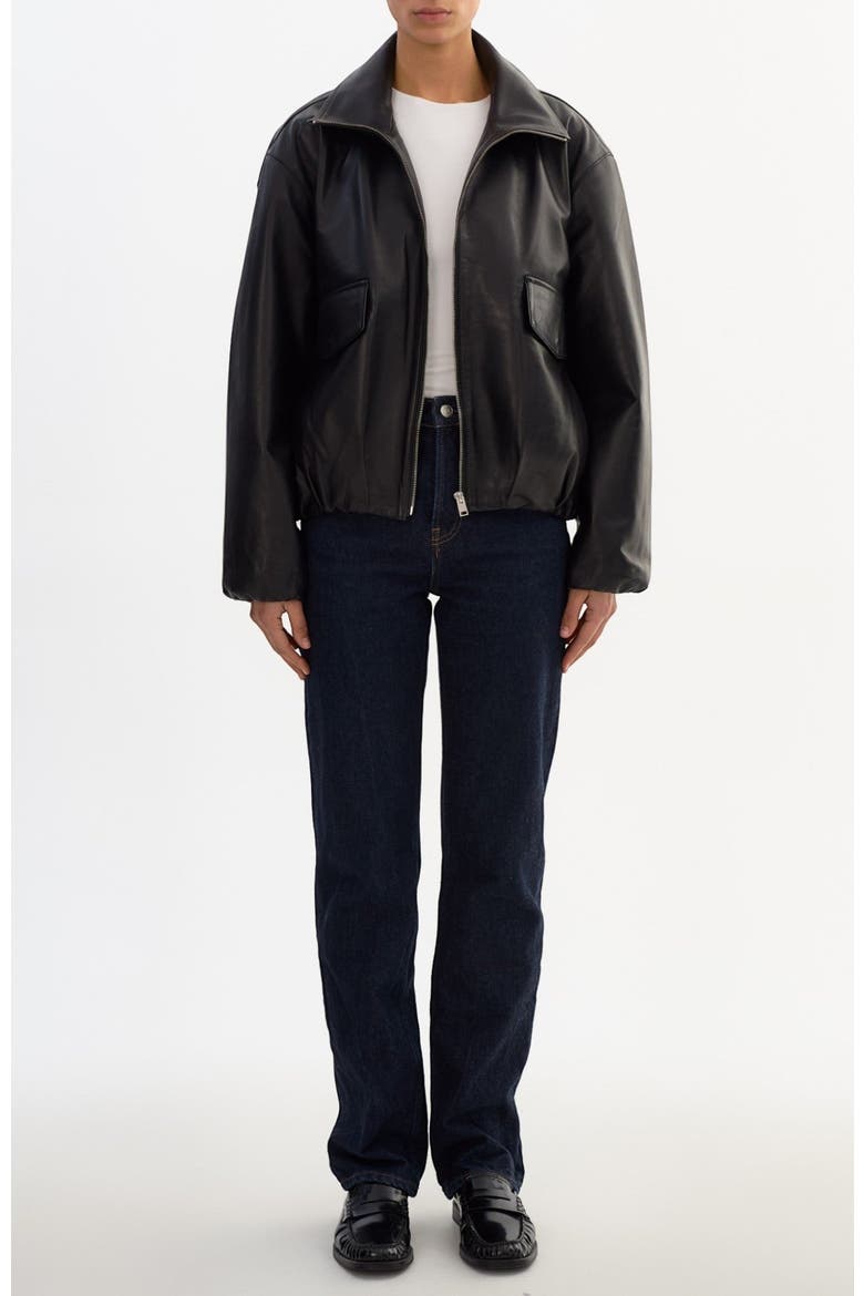 RAMONA | Funnel Neck Leather Jacket, Alternate, color, Black