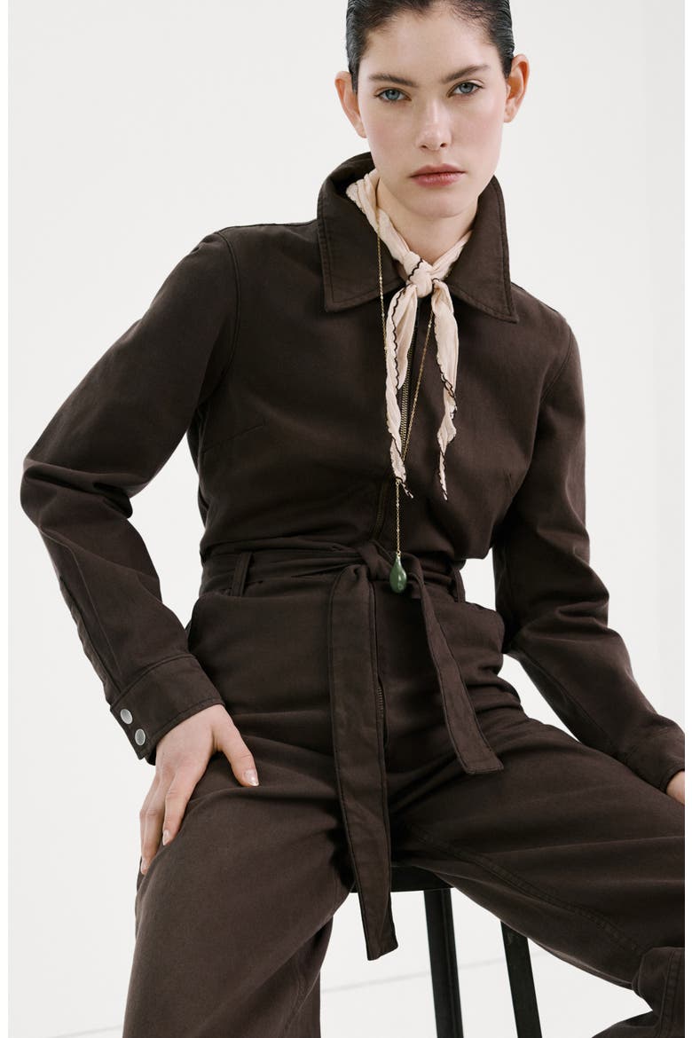 Belted Denim Jumpsuit, Alternate, color, CHOCOLATE