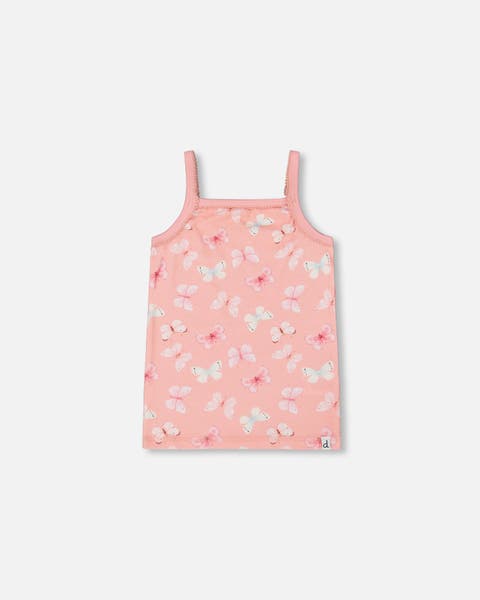 Girl
s Printed Organic Cotton Tank Top Pink And Blue Butterflies On Old Pink