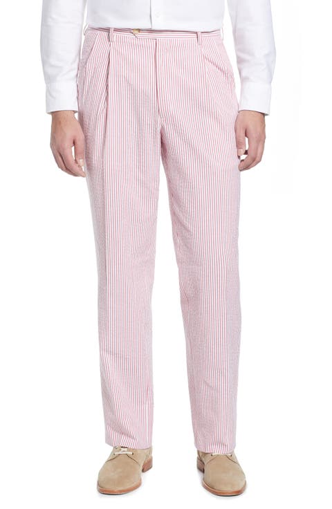 Pleated Seersucker Cotton Dress Pants