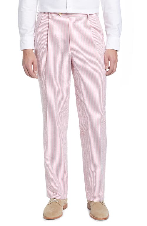 Berle Pleated Seersucker Cotton Dress Pants in Red 