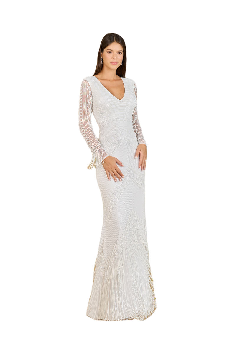 LARA New York Long Sleeve Fringe Bridal Gown, Main, color, Ivory