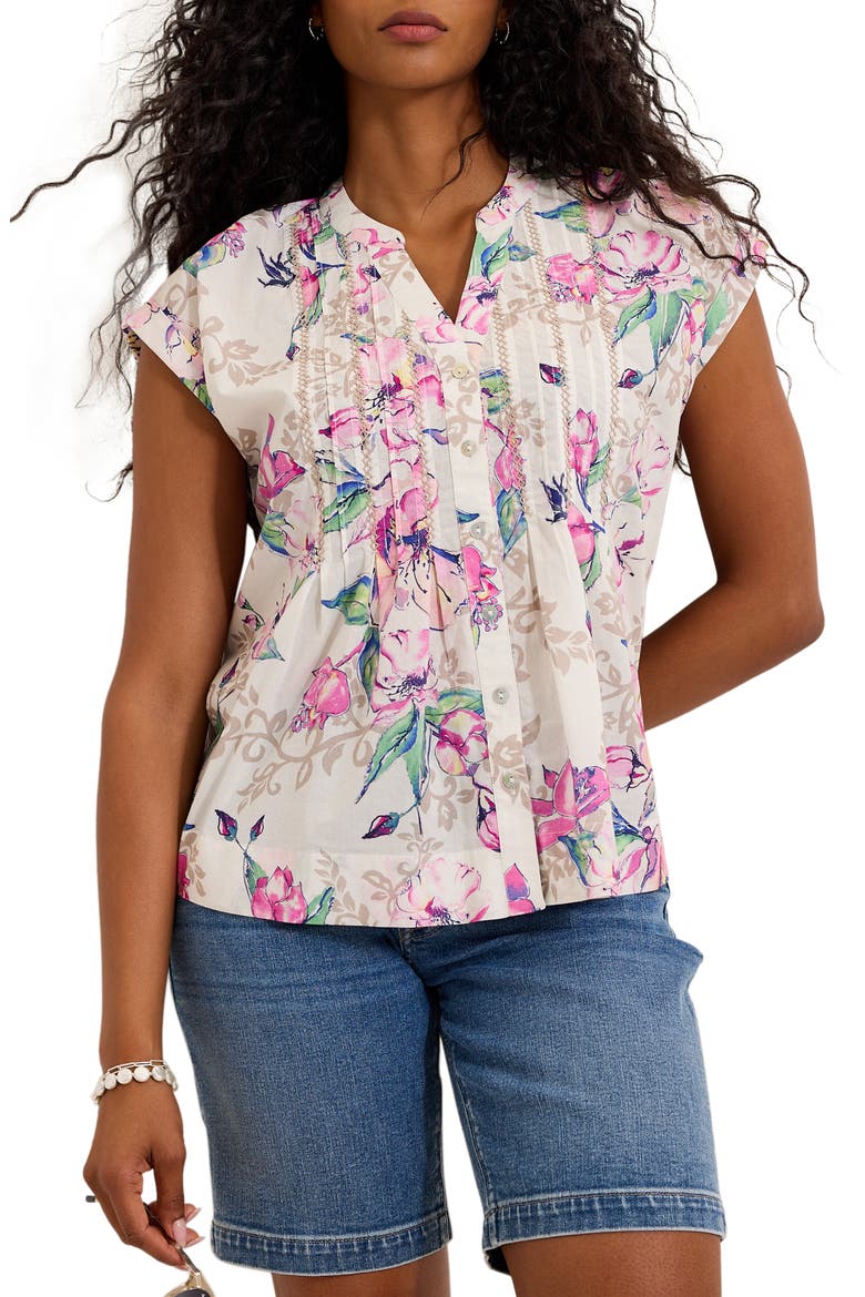 Floral Cross Stitch Embroidered Button-Up Top, Main, color, WHITE