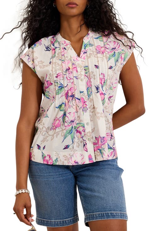 Floral Cross Stitch Embroidered Button-Up Top