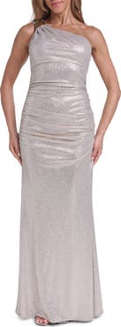 Eliza J One-Shoulder Ruched Column Gown