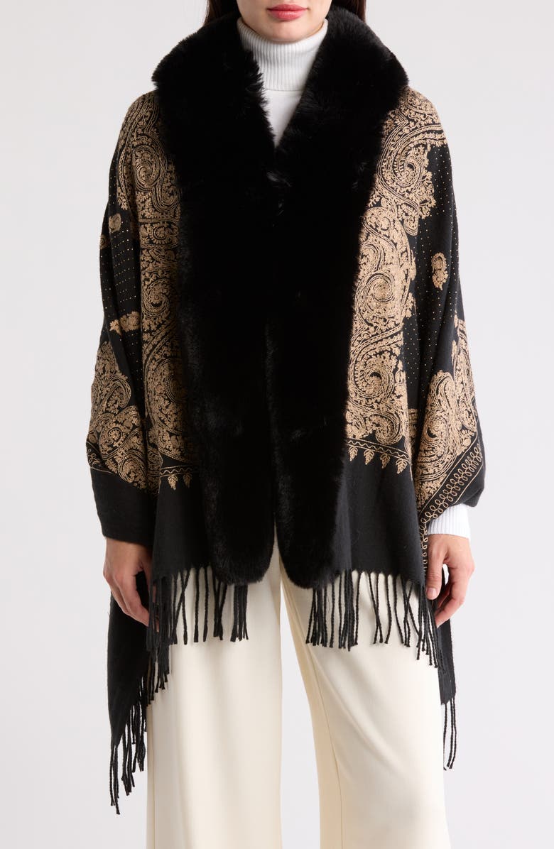 La Fiorentina Embellished Faux Fur Wrap Ruana, Main, color, Black
