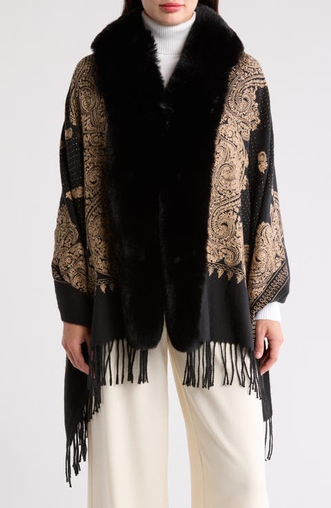 Embellished Faux Fur Wrap Ruana