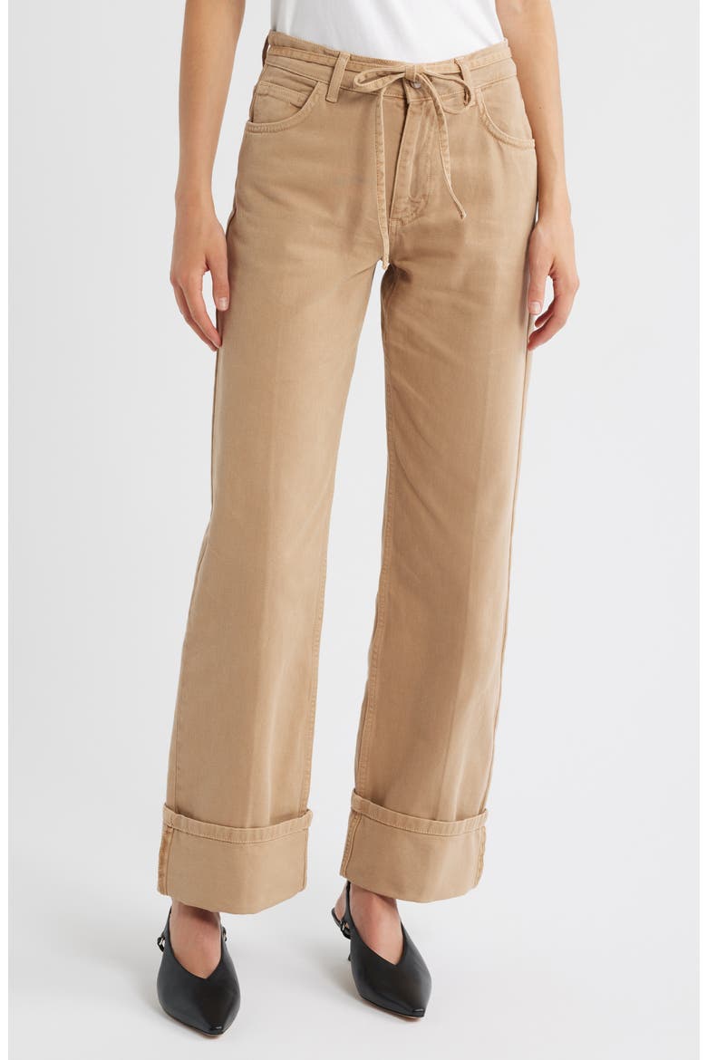 Sylvie Drawstring Cuffed Wide Leg Jeans, Main, color, TAN