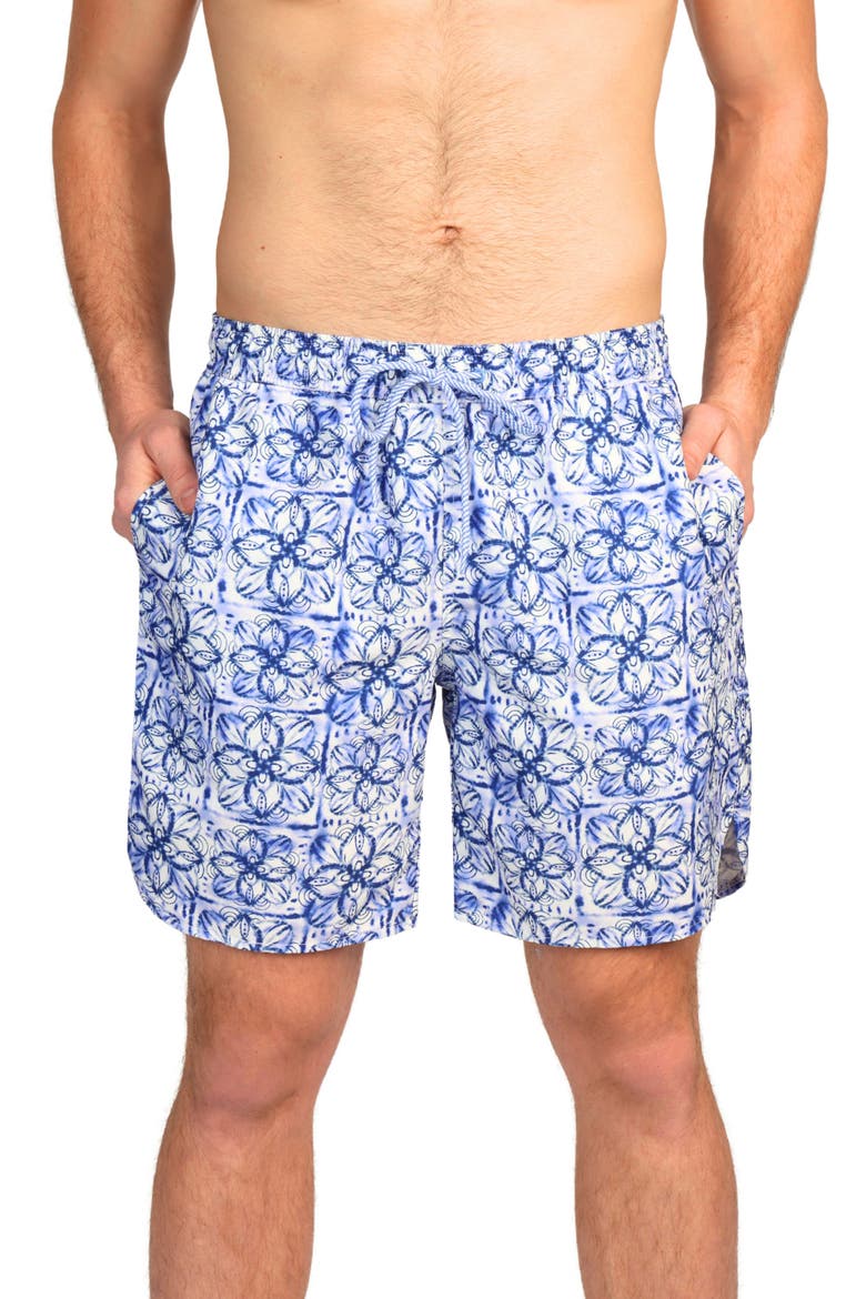 Floral Medallion Print Swim Trunks, Main, color, BLUE