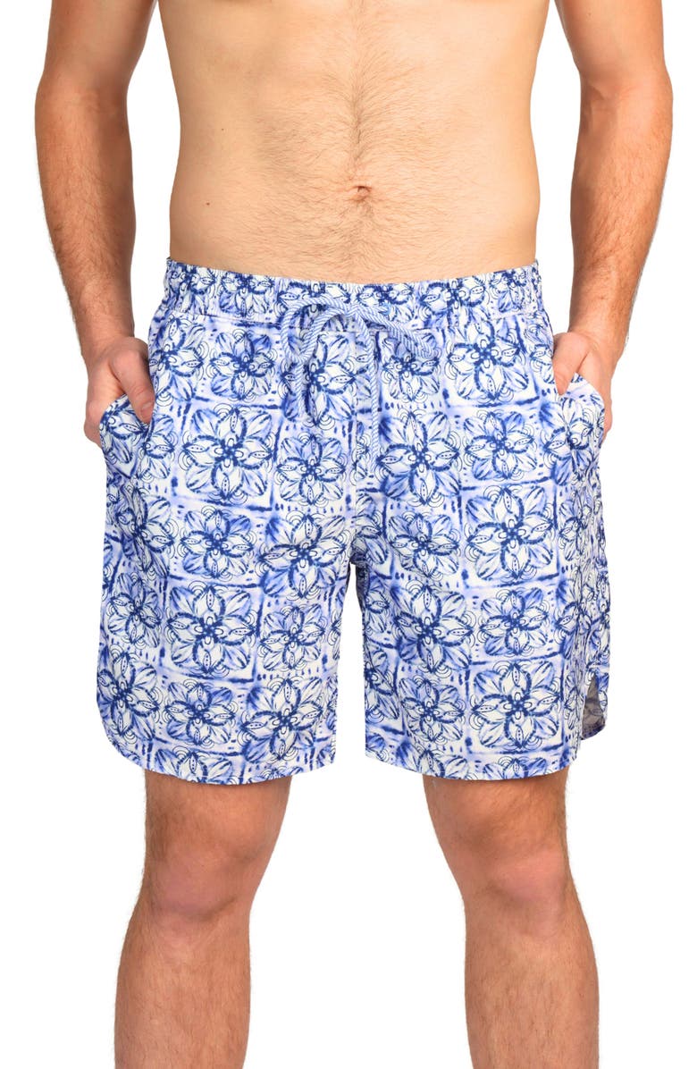 TailorByrd Floral Medallion Print Swim Trunks, Main, color, Blue