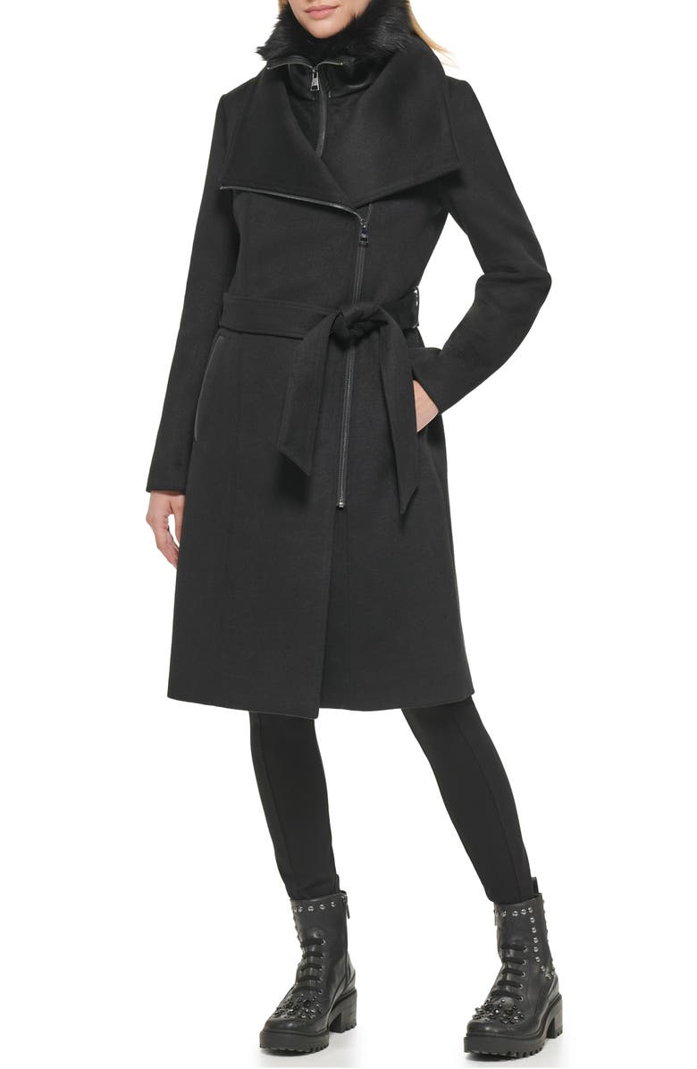 KARL LAGERFELD Asymmetric Wool Blend Coat with Removable Faux Shearling Bib, Alternate, color, Black