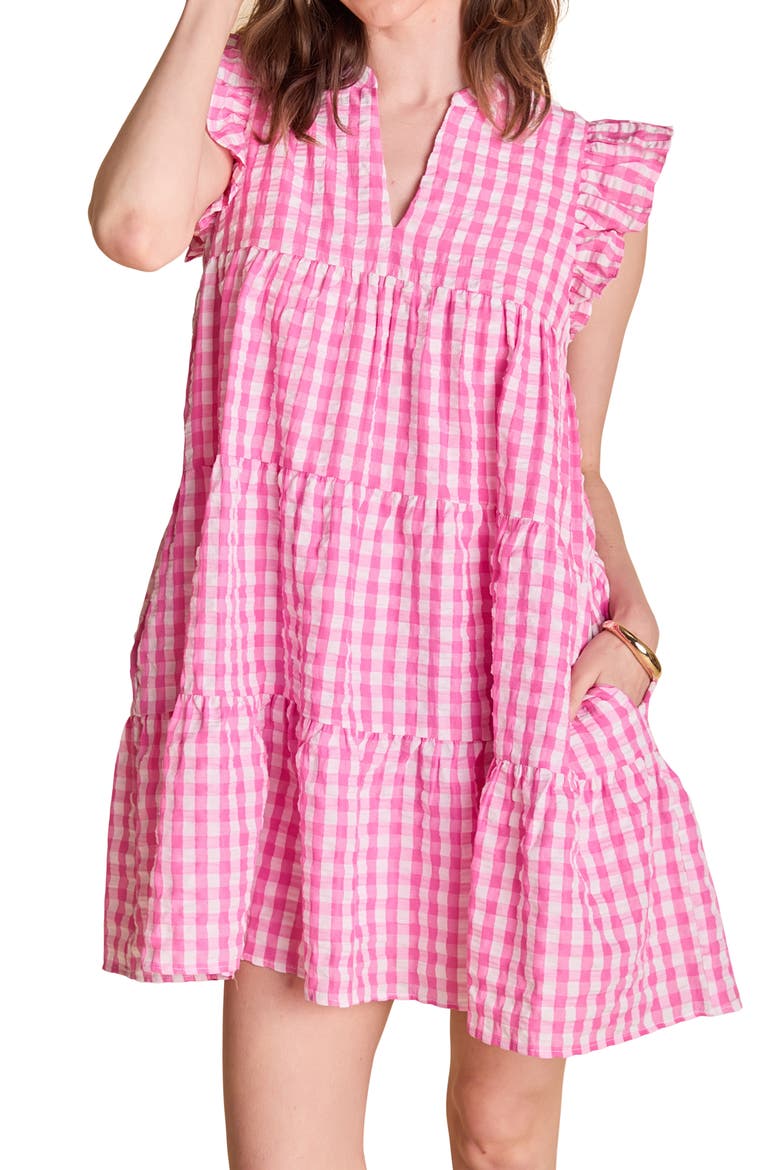 Gingham Check Tiered Minidress, Alternate, color, PINK