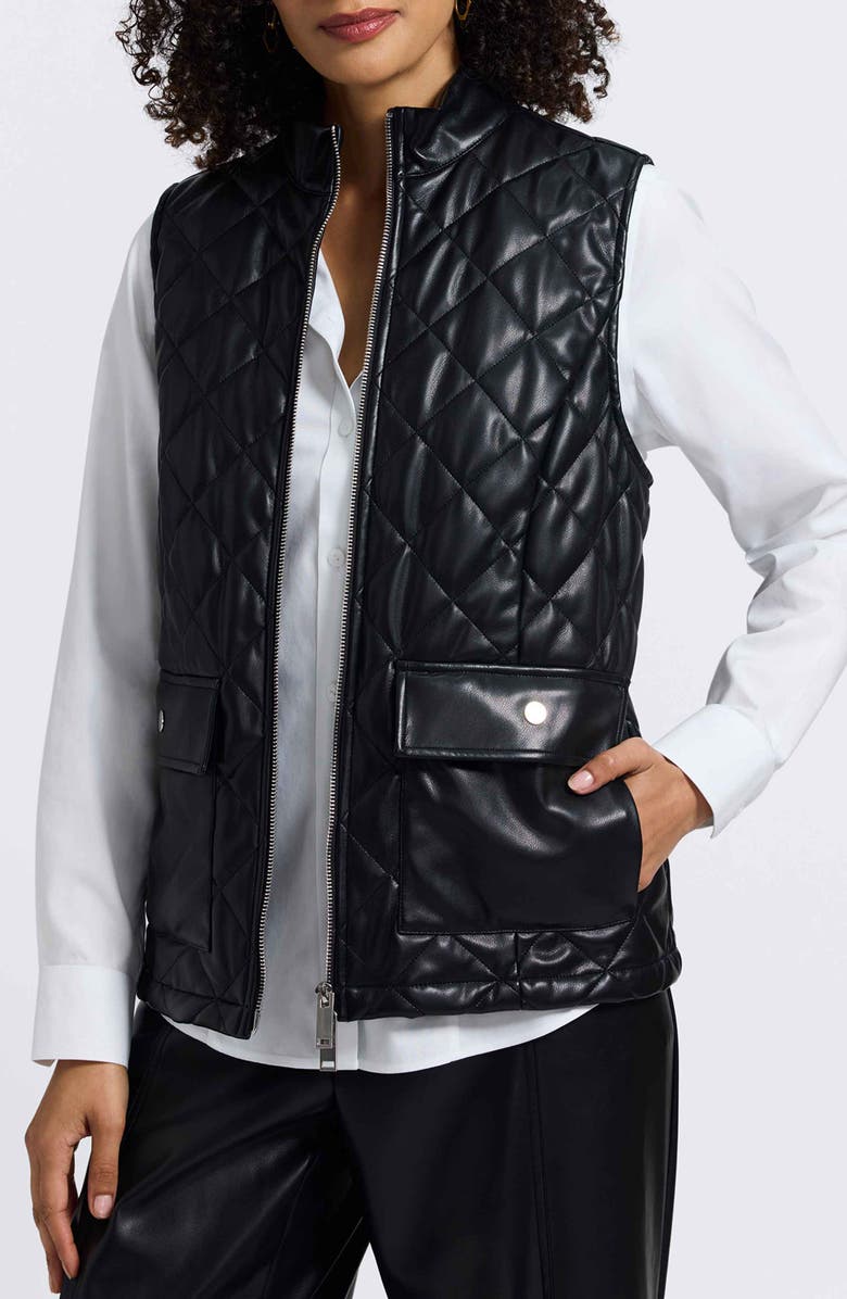 Foxcroft Billie Faux Leather Diamond Quilted Vest, Alternate, color, Black