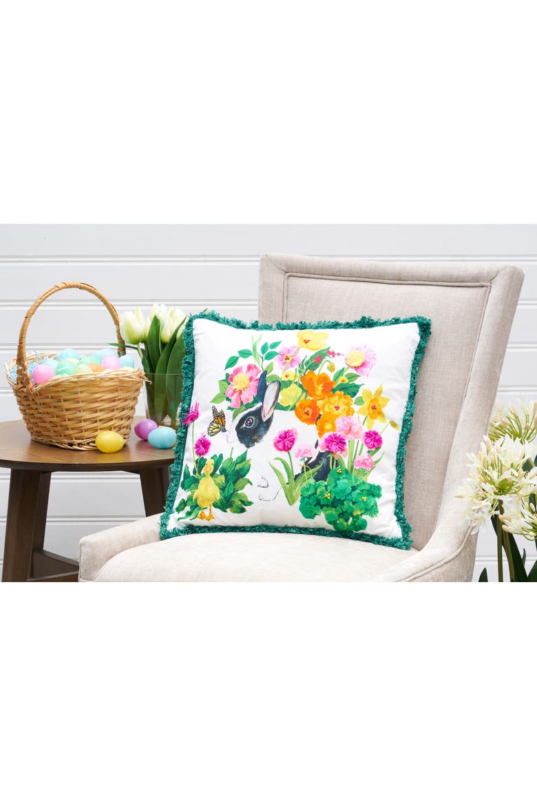 Easter Bunny & Flowers Printed Cotton Blend Accent Throw Pillow 18" x 18", Alternate, color, Blue